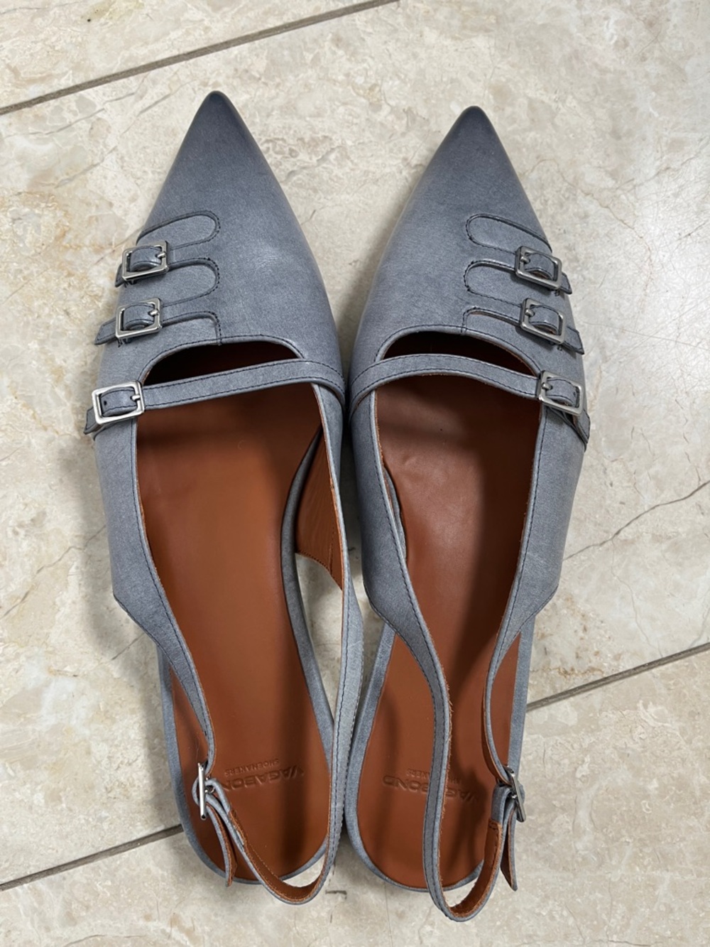 Vagabond Shoemakers Leather Grey Pointed Triple-Buckle Slingback Flats